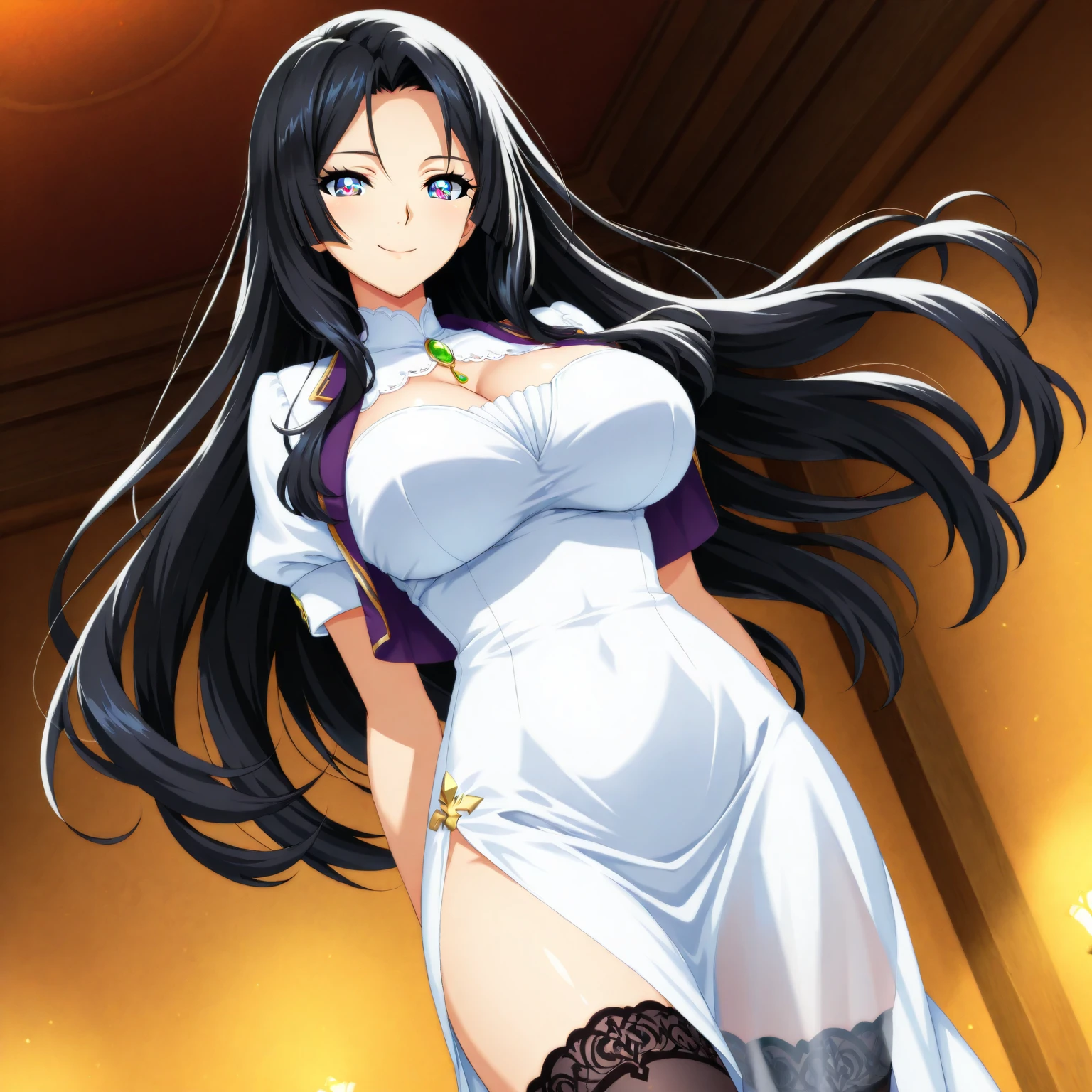 lying on luxury sofa, spread her legs, (window with night city view), (night time), silver ring, (light tulle sheer wedding dress), wedding veil, See-through pantyhose with white lace ruffles, white lace ruffle garter belt, cleavage cutout, clothing cutout, bare shoulders, (luxury livingroom background), (starry night), Litchi Faye-Ling, mature woman, anime cels style, best quality, high resolution, 1girl, (huge breasts:1.2), beautiful face, Beautiful Finger, Beautiful long legs, Beautiful body, Beautiful Nose,Beautiful character design, black hair, very long hair, Bangs,purple eyes, (cowboy shot), smiling, blushing, looking at viewer