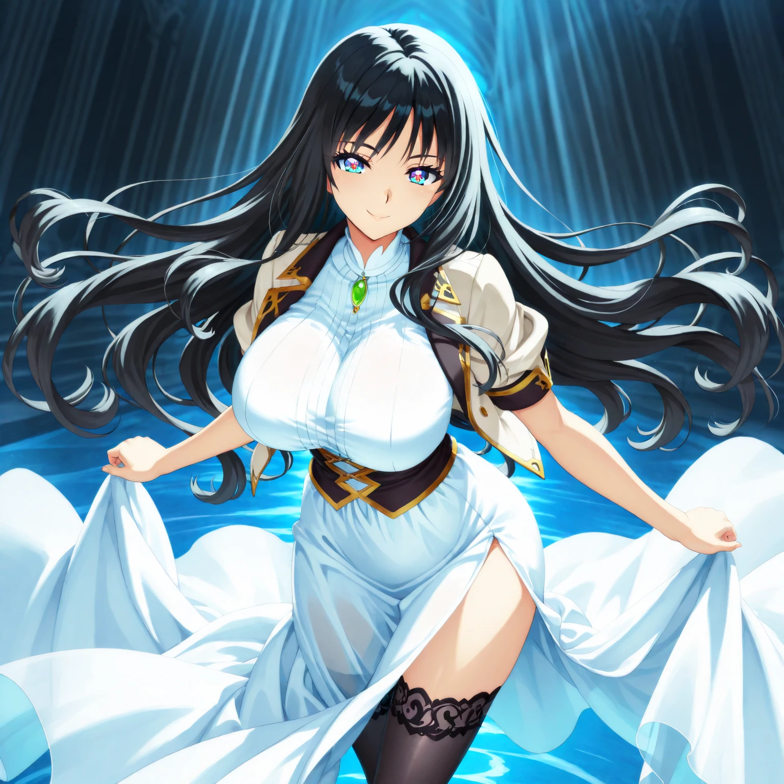 the painting is of a woman with very large breasts and horns standing in a waterfall, 1girl, breasts, horns, solo, wet, wings, water, navel, black hair, large breasts, long hair, yellow eyes, black wings, covering, pelvic curtain, covering breasts, looking at viewer, waterfall, stomach, cleavage, demon horns, bare shoulders, albedo (overlord), detached collar, detached sleeves, thighs, wading