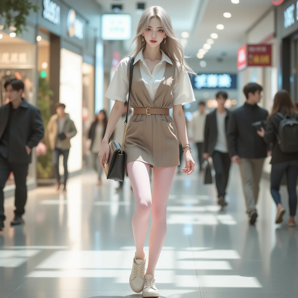 blond woman in pink dress, standing in a mall, perfect body, full body, dakota fanning, soft portrait shot 8 k, female portrait, james jean soft light 4k, james jean soft light 4 k, a still of an ethereal