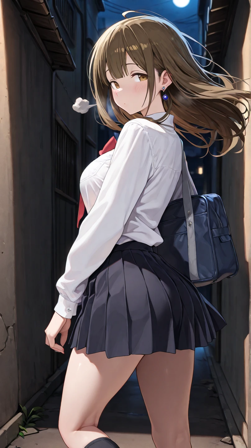 Golden head hair、(Brown Eye Degree:1.5)、One side up、Hair Ribbon、bow ribbon、long、Break the blazer、a blue skirt、jaket、pleatedskirt、student clothes、Summer clothes、BREAK (​masterpiece:1.2)、top-quality、hight resolution、unity 8k wall paper、(illustratio:0.8)、(beatiful detailed eyes:1.6)、extra detailed face、Perfect litthing、Highly detailed CG、 (perfect hand、perfect anatomia)、Look at viewers、red blush、A smile、Stand on the stairs, (On the stairs), (lower body shot), Thigh Focus, (Taken from the bottom 1.3), (View from behind1.3)、 (Panties with a variety of patterns:1.3)、(Skirt that rolls up:1.3)、(Fully exposed panties:1.5),(Show your ass:1.3)