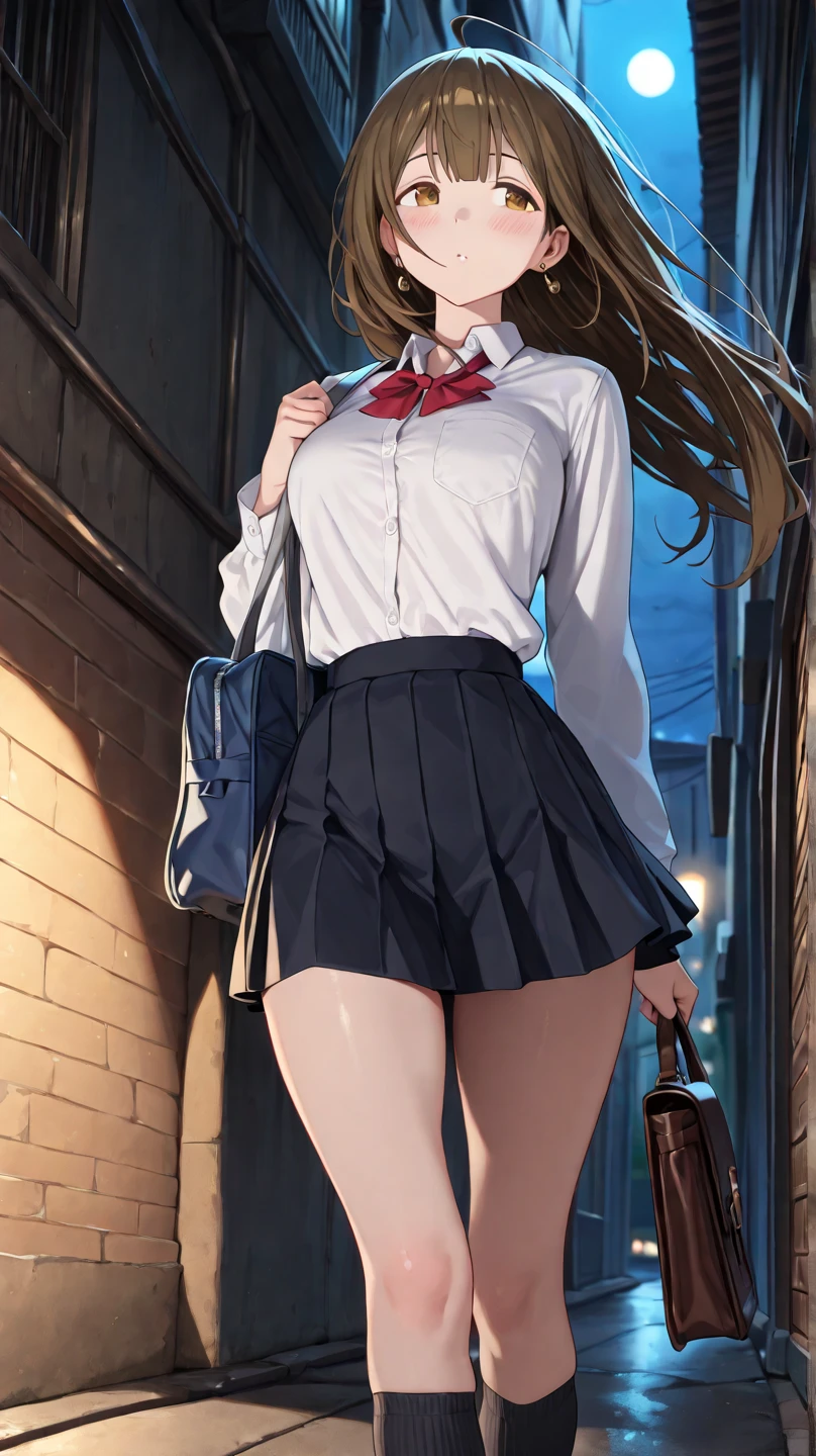 ((masutepiece, Best Quality, hight resolution, nffsw, Perfect Pixel,  4K, nffsw, nffsw))), 1girl in, Single, Solo, Beautie、full body seen、 ((Middle Wave Hair, Bangs, Brown hair)), ((Brown-eyed, Beautiful eyelashes, Realistic eyes)), ((Detailed face, Blushing:1.2)), ((Smooth texture:0.75, Realistic texture:0.65, Photorealistic:1.1, Anime CG style)), medium breasts, Dynamic Angle, Perfect body,  ((red bowtie, , , White shirt, Black skirt, plaid skirts))、train station stairs、Windy、Very embarrassing panic smile、turned around、bending forward、 View from the bottom of the stairs、(The wind pulled up my skirt、Touch the skirt with both hands、、You can see all the buttocks、Pink floral panties)、