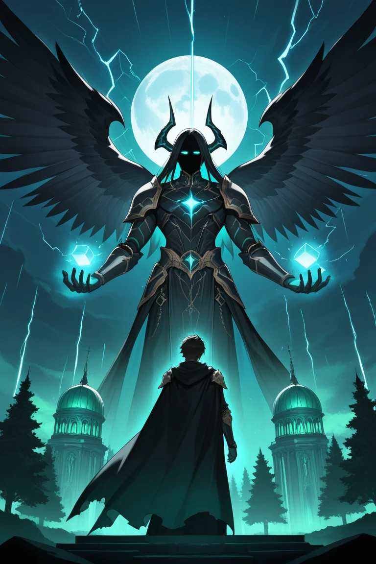 (extremamente detalhado CG unidade 8k papel de parede, best quality, master part), Humanoid cosmic entity but not human god of knowledge and magic, blue wooden owl mask, Starry mask, Biblioteca infinita, Ethereal, misterioso, portador da sabedoria, Ambiente Celestial.