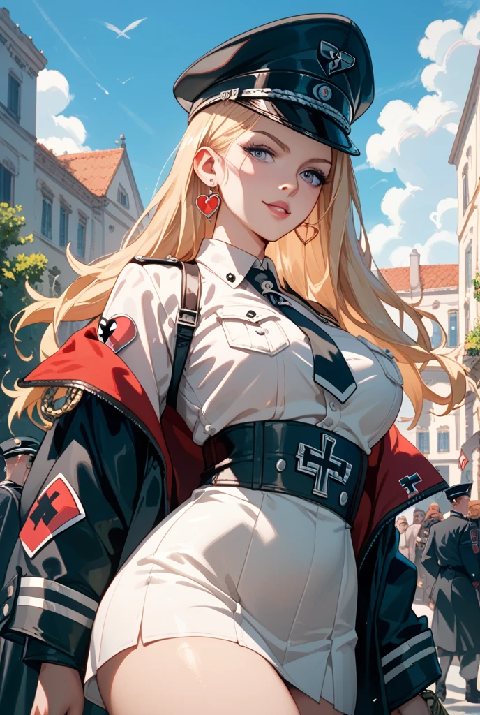 masterpiece, best quality, highres, long hair, 1girl, solo, bismarck, a woman wearing black BMR_uniform holding a sword, medal on left shoulder, BIS_hat, white glove, ((Nazi-Propaganda Poster)