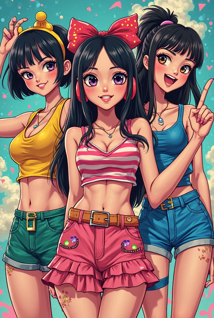 ,multiple girls, 3girls, hat, hair ornament, ponytail, hair clip, black eyes, bandana, striped, smile, short hair, shorts, long hair, skirt, denim, looking at viewer, hug, shirt,Beautiful Face, masterpiece, See-through, (Perfect Anatomy:1.2)