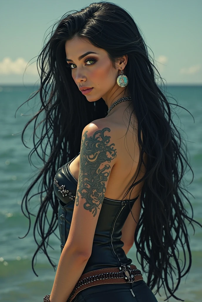 A mysterious woman with wavy black hair and a realistic tattoo of a ghost ship on her right eye, The background can be a stormy sea, a busy harbor, or a tropical beach, complementing the image.