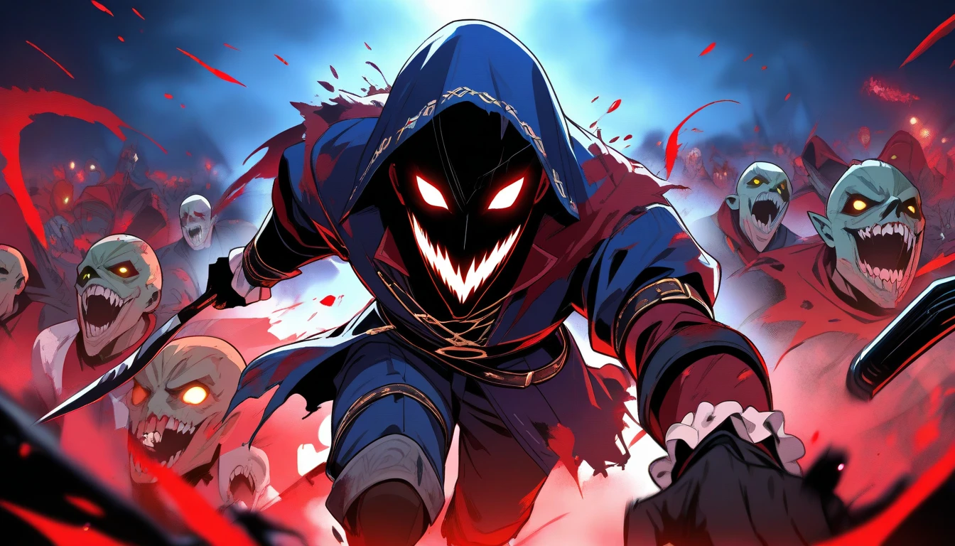 boy in the scepter with a worried face screaming, he has medium long brown hair and a black beanie hat and in the background very violent ghosts with horrible anime faces