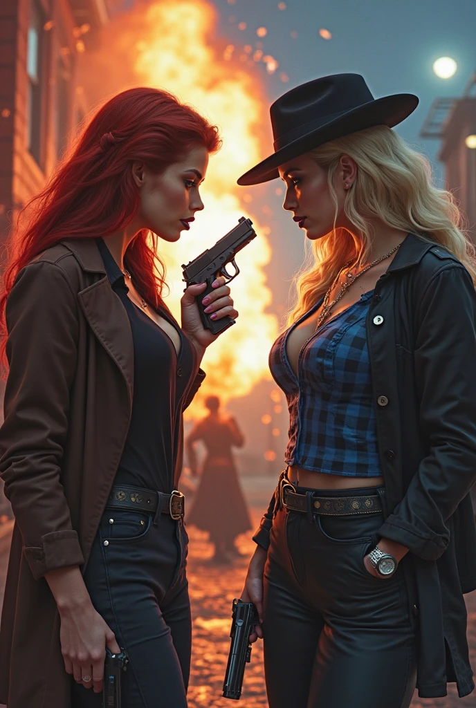 Jessie is a tall woman with long, fiery red hair and striking pink eyes. She has a smirking and superior expression, often exuding a sense of confidence and mockery. Her outfit consists of a black leather jacket with pink accents, dark leather pants, and she carries a magical deck of cards that she uses for her illusion magic. Jessie is manipulative, extroverted, and enjoys playing tricks on her enemies, often using her illusions as a form of mockery. She once killed a feline friend of one of the players right before their eyes to break their spirit and later trained that player's sister in the ways of magic to face him in the future.Jessie is known for being a manipulative and extroverted character who delights in toying with her opponents' minds. She frequently travels through the Wild West, leaving a trail of confusion and fear in her wake.Aurora is a woman standing 1.70 meters tall, with long brown hair that reaches her back, the ends of which are curled, and a distinct white streak in her fringe on the right side. Her eyes are a light shade of purple, radiating anger and power. Aurora has a mixed heritage, being both Mexican and American, which gives her skin a rich, warm tone. She wears a cowboy hat, a bandana around her neck, a dark blue long-sleeved shirt with pink adornments, dark pants, high boots, and a poncho draped over her right side, leaving her shirt partially visible. In her hand, she holds a deck of cards that are red in color, with a skull design on the back. The color red predominates in her magic.Aurora is a cold and intense person, carrying a deep-seated anger within her. She has a powerful presence, and her mixed heritage adds complexity to her character, reflecting both the American and Mexican cultures in her style and demeanor. i want them tw in the same picture,Jessie must be with a arm across aurora in a old west fantasy style