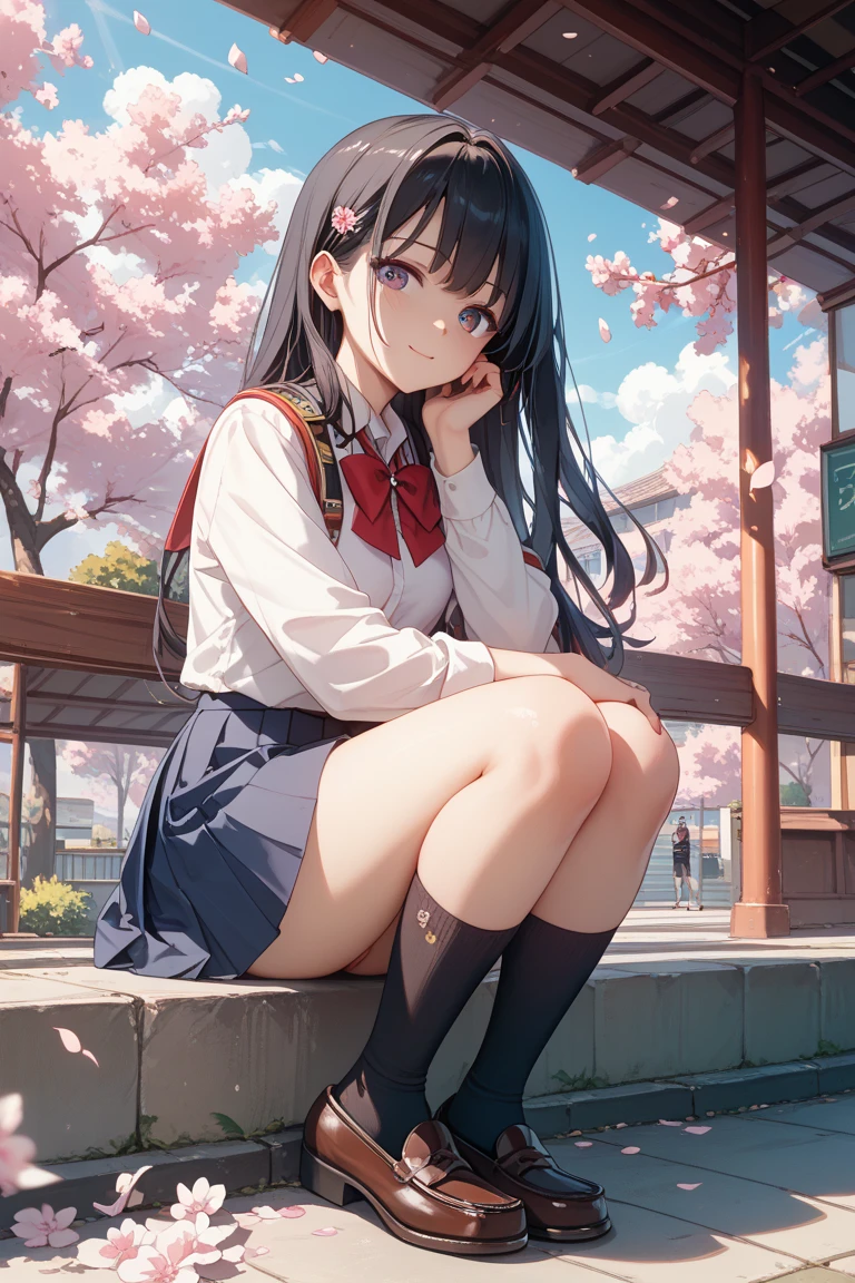 a girl, full body, black hair, twin tail, japanese school uniform, knee-high socks, loafers, from below, knee up, smile, cherry blossom trees