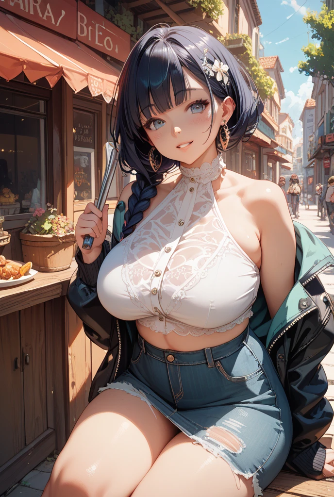 masterpiece,highest quality, Ultra-high resolution,(Beautiful woman:1.2), cute, cute face, (Natural skin texture, Realistic Skin), Photos taken by a professional photographer, Hair salon model, (Upward-facing chest, Beautiful big boobs:1.8),(blush, Happy:1.2),(enjoy:1.2), (Black Hair:1), (short low ponytail:1.2), Medium Hair, Sexy mole around mouth,Wet lips, (erupt:1.4), (Squint your eyes:1.4) ,((random color, off-shoulder shirt:1.5)), short skirt, , kawaii , city, Angle from the front, walking towards the camera, Emphasize your breasts, wonderful, Realistic Background,