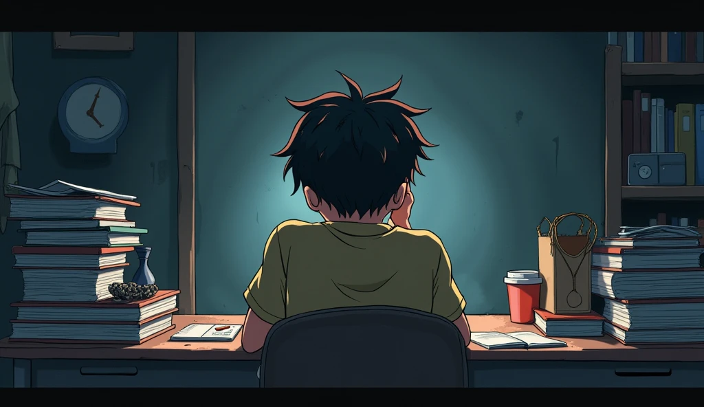 A frustrated young man study on the table back side