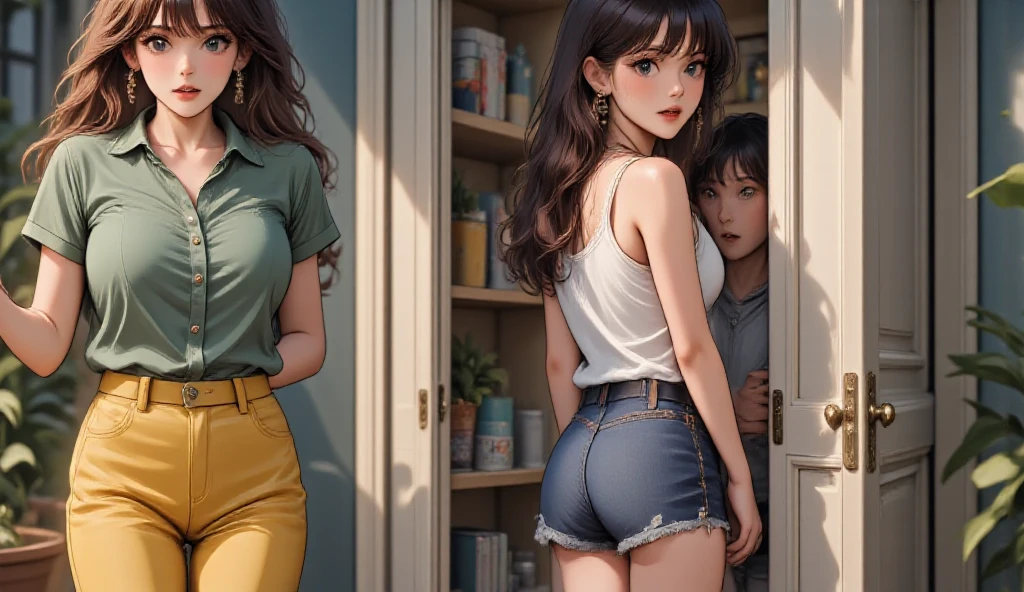 ((2 girls)), girl behind choking girl in front with thick brown rope, girl in front with mouth open, scared expression:1.2, wide eyes, wearing blue highleg panties and blue top, visible nipples, girl behind wearing white shirt and blue dress.