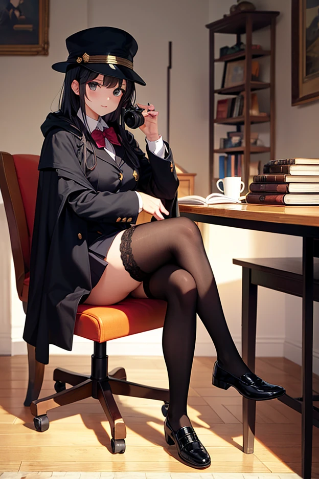 Detective girl, anime, masterpiece, best quality, 1 girl ( black trench coat, suit, skirt, fedora, glasses, cross-legged, sitting on sofa, necktie, right hand hold magnifier:1.2, left hand on sofa), ( table, papers on table ), window, ofice background, bokeh:1.1, serious, NEGATIVE_HAND,NEGATIVE_HAND-NEG