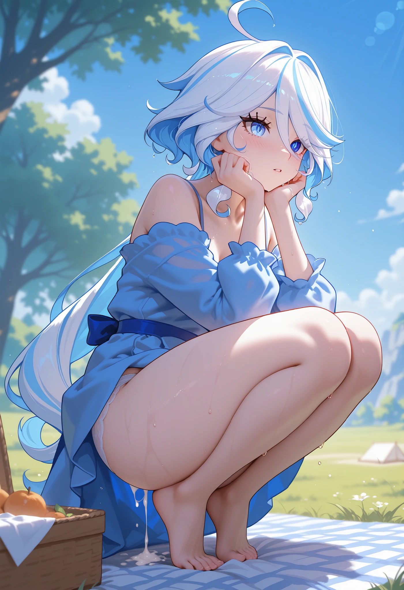 1girl, ahoge, white hair, multicolored hair, outdoors, furina (genshin impact), thick thighs, picnic, cum drip, wet, in the front, blue skies, partially naked, masterpiece, highres, absurdres, highly detailed, fully clothed, squatting, white panties, 4k, extremely detailed, highly detailed, intricate designs, masterpieace