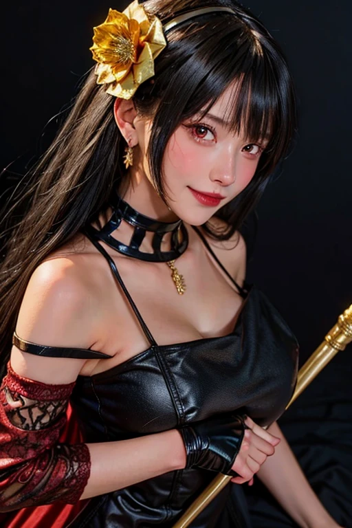(best quality, 32K, The ultimate masterpiece), (realistic:1.7), ultra detail, ultra quality, ultra high resolution, RAW photos, (realistic raw photography), whole body, (face), look at the camera,  Beautiful woman, surreal, 1 girl, Yor Forger_\(Spy Family\), official art, unity 32k wallpaper, Ayolf, side lock, long hair, gold hair band, Gold earringss, side lock, Gold headdress, Gold earrings, bare shoulders, black dress, Double sided dress with red rose cape,  choker, black high heels, fingerless gloves, long black hair , shiny, Highly detailed beautiful face, pretty eyes,Pretty nose, Pretty mouth, shiny,red lip detail, good eyes, double eyelid, Sexy low-necked dress, open neckline, hip twist pose, visible curve, curved legs, cowboy shot, stand, outdoor, night, Slim, pretty body with perfect proportions, perfect pretty hands(real woman hands), pretty fingers, pretty big tits, pretty big ass, long legs with perfect proportions, bare legs, bijouterie, off the shoulder, cute smile, beautiful and bright lighting, realistic 피부결, White skin, fair skin texture.