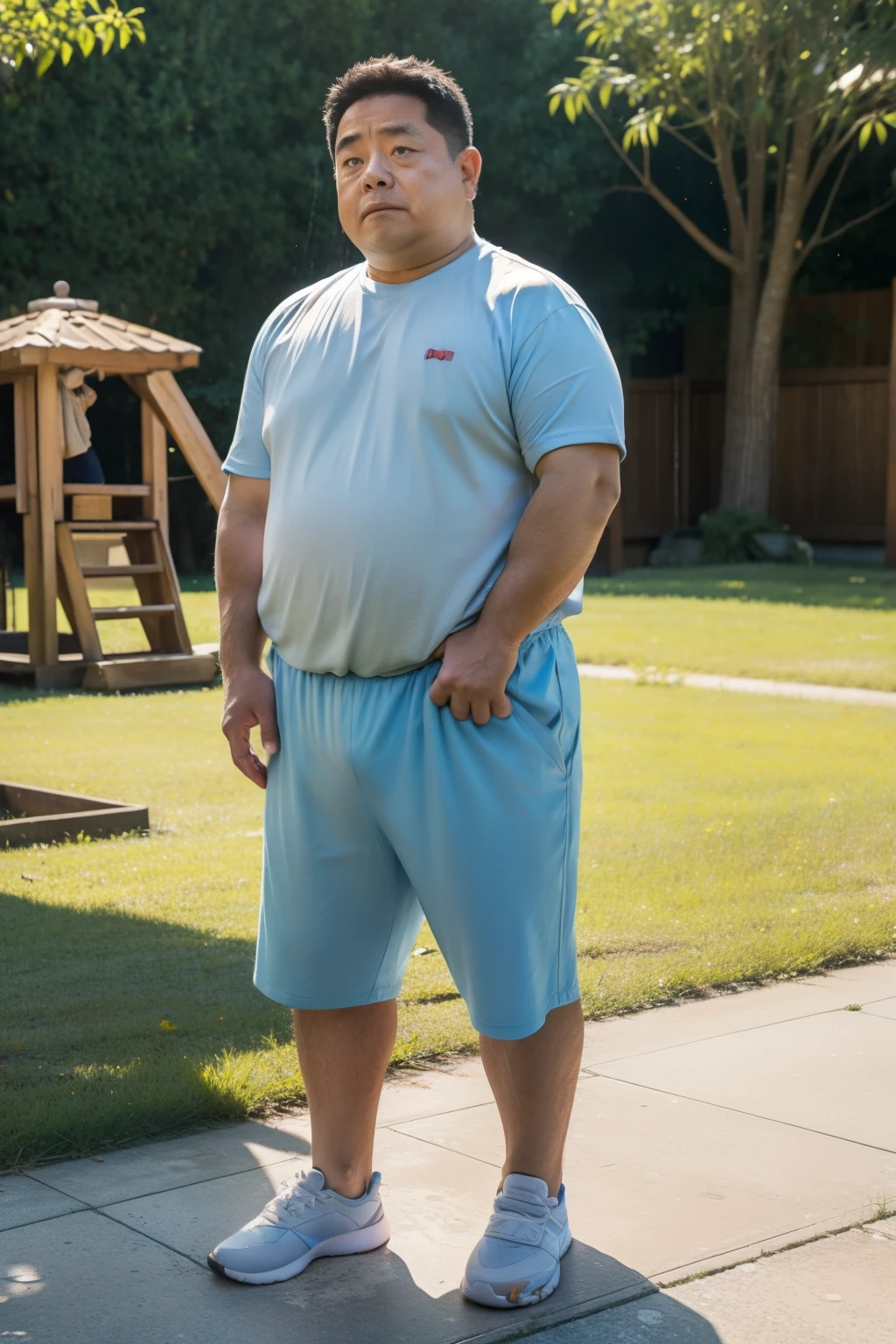 Hyper-realistic very attractive mature handsome fat white man, japanese man, side view, chubby, fat, obese, huge belly, beefy, thick legs, huge calves, standing, half body, at terrace, grey very short hair, well designed grey mustache, thick mustache, hyper-detailed background, cinematic, uhd, 8k, high resolution, perfect result, best quality, detailed work, wearing a shorts