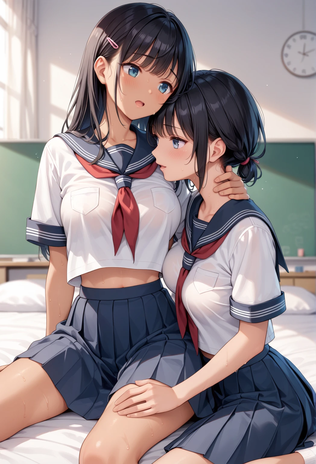 (Cute eyes:1.2), (classroom:1.2),(Beautiful Eyes:1.2), Highest quality,wonderful,finely,Highly detailed CG Unity 8k wallpaper, (Hug from behind:1.5),(Put your hand in the skirt:1.3),(sexual harassment:1.2),(Love juice:1.3),(kiss:1.3),(Two people with height difference:1.5), (Two Girls, Sailor suit, Skinny body, Dressed), (Huge breasts), (Open your mouth:1.1),(White knee socks:1.3),(Thighs:1.3),(Waistline:1.2),(お揃いのSailor suit:1.2),(From behind:1.2),(Beautiful eyes:1.2),(Different hairstyle),(They both have different eye colors:1.5),(They both have different skin colors:1.5),(Thighsまで隠れるニーソックス:1.2),(Very short skirt:1.3),(Arms don't stick together:1.2)