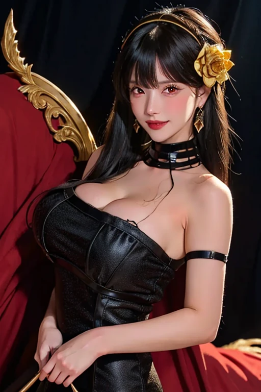 (Highest quality, 4K, masterpiece :1.3), Beautiful woman, Surreal, 1 girl,),Ajolf, Side Lock,Short hair vs long hair, Gold Hair Band, Gold earringss, Side Lock, Gold hair ornament, Gold earrings, Big Breasts, Bare shoulders, Black Dress, Double-sided dress with red rose cape,  choker, Thigh-high boots,  , Fingerless gloves, Thigh-high boots,Slender Beauty, (Huge breasts, Attractive body :1.2), Abdominal exercises :1.1, Long black hair 1.1, Highly detailed face, Lip details, Fine Eyes, double eyelid, Sexy low neck dress, Open neckline, Pose with twisted hips, Visible curves,Muscular, curved legs, Yugal, masterpiece, Highest quality, High resolution, aaYugalf,Cowboy Shot, Are standing, Looking at the audience, Outdoor, night, (Perfect Anatomy:1.Two big asses, jewelry, Off the shoulder, Black Pantyhose, Cute Smile, Beautiful and bright lighting, Beautiful breasts