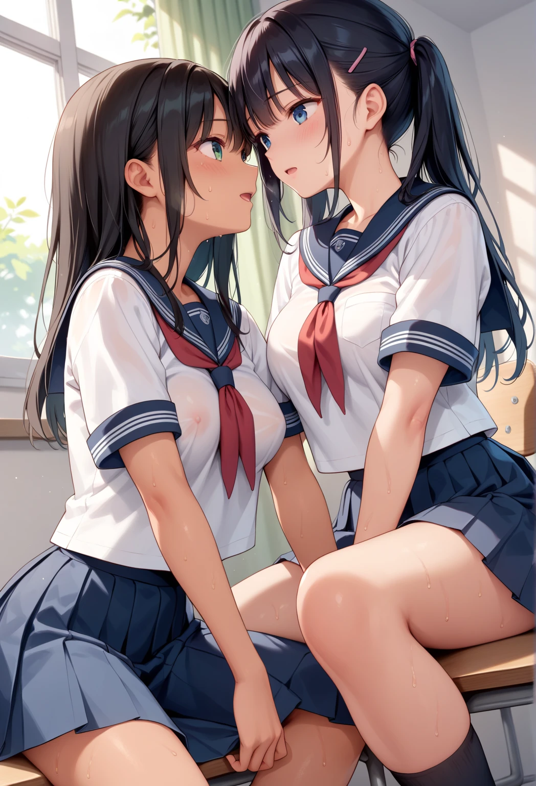 (Cute eyes:1.2), (classroom:1.2),(Beautiful Eyes:1.2), Highest quality,wonderful,finely,Highly detailed CG Unity 8K wallpapers, (Hug from behind:1.3),(kiss:1.3),(Two people with height difference:1.5), (Two Girls, Sailor suit, Skinny body, Dressed), (Huge breasts), (Open your mouth:1.1),(White knee socks:1.3),(Thighs:1.3),(Waistline:1.2),(お揃いのSailor suit:1.2),(From behind:1.2),(Beautiful Eyes:1.2),(Different hairstyles),(Their eyes are different colors:1.5),(Their skin colours are different:1.5),(Thighsまで隠れるニーソックス:1.2),(Very short skirt:1.3),(Don't cross your arms:1.2),(Face close-up:1.3),(Tongue to tongue:1.5)
