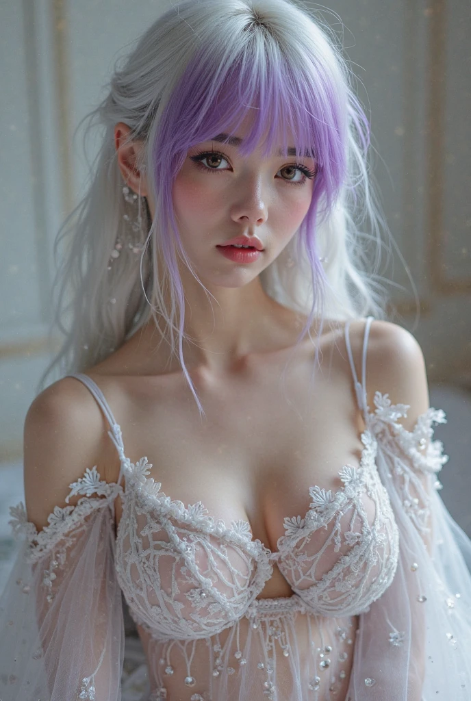 a delicate erotic female figure, beautiful detailed eyes,beautiful detailed lips,extremely detailed eyes and face,long eyelashes, nude woman, sensual pose, smooth porcelain skin, warm lighting, delicate colors, cinematic composition, masterpiece, (best quality,4k,8k,highres,masterpiece:1.2),ultra-detailed,(realistic,photorealistic,photo-realistic:1.37),high fashion, elegant, graceful, alluring, captivating, ethereal, glowing skin, fine brushstrokes, soft focused background, sophisticated aesthetic、Cowboy Shot , sitting on the floor,open shoulder white shirt , medium body shot, smilling,light purple hair colour
