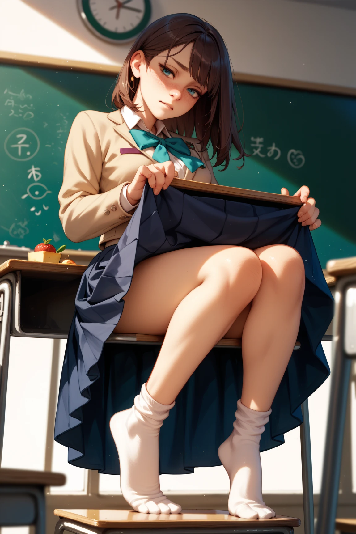 woman standing in classroom, school uniform, brown hair, loose ponytail on side, bangs, green eyes, glasses, sweatshirt, black thigh highs, sitting on desk, full view, skirt shot, embarrassed, legs opened, low ponytail, lifting skirt with both hands, full body, feet