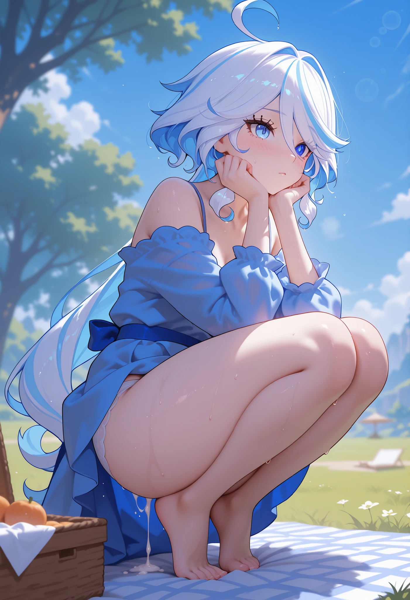 1girl, ahoge, white hair, multicolored hair, outdoors, furina (genshin impact), thick thighs, picnic, cum drip, wet, in the front, blue skies, partially naked, masterpiece, highres, absurdres, highly detailed, fully clothed, squatting, white panties, 4k, extremely detailed, highly detailed, intricate designs, masterpiece, detailed hands, well draw