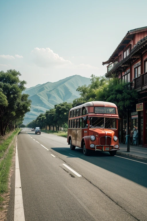 1947 road in PRC, it has old vintage car, bus and bicycles