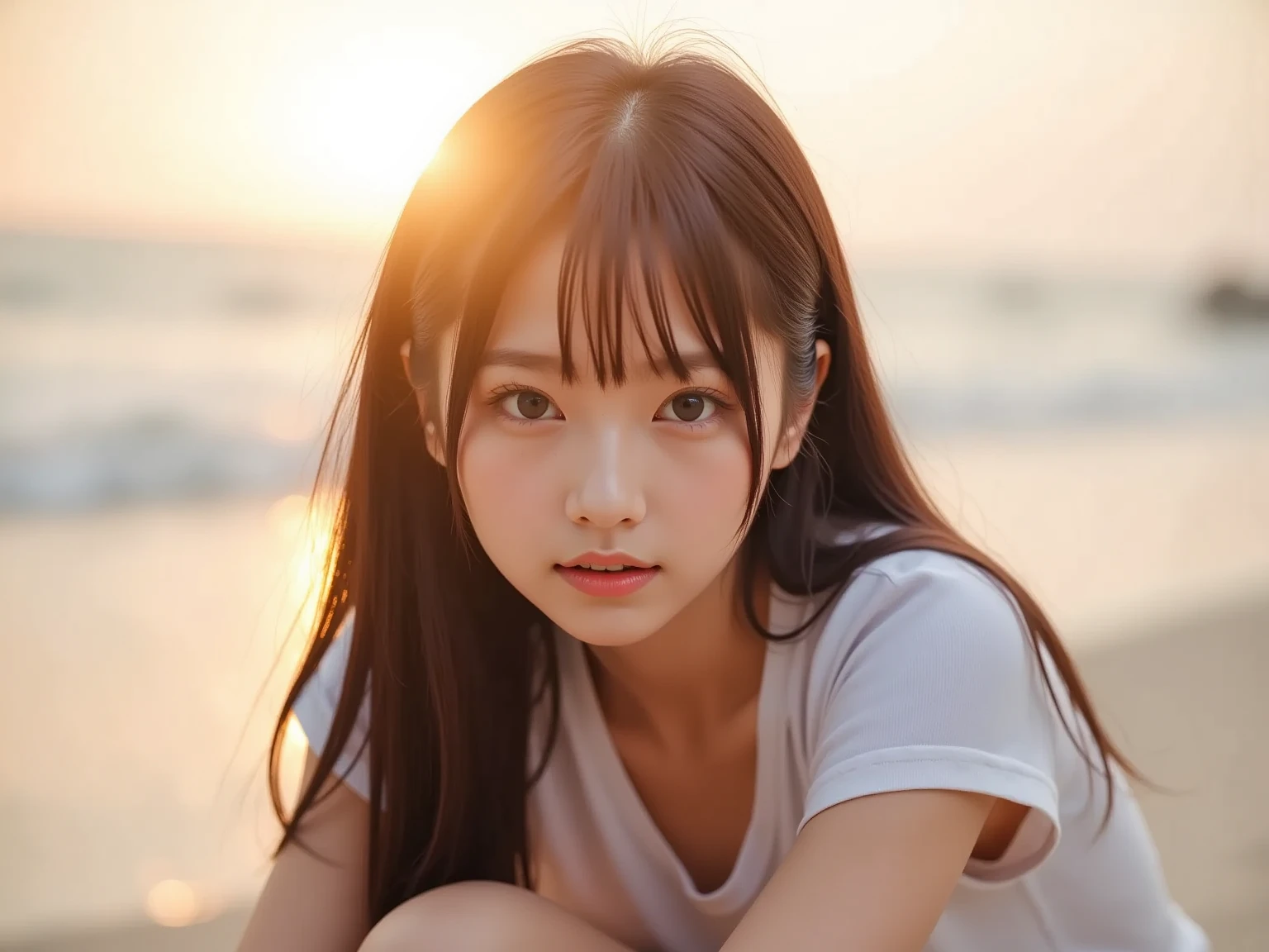 (Close up face shot of slender small-breasted red brown wavy long hair with dull bangs girl wearing a white T-shirt:1.5)、(One girl is looking back and lonely little smile with tears on the coast in Japan:1.5)、(Beautiful after sunset red sky with big red cloud:1.5)、(blurred background:1.5)、(Natural light:1.5)、(8k ultra detailed master piece:1.5)、(perfect anatomy:1.5)、(Photorealistic stick:1.5)、(Raw photo:1.3)、(highest quality:1.5)、(High resolution:1.3)、(Delicate and beautiful perfect face:1.3)、(Delicate and beautiful eye air skin:1.3)、(Real Human Skin:1.3)、((thin legs))