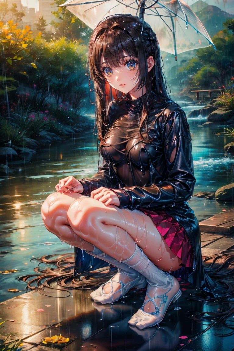 ((masterpiece):1.3),((best quality):1,3), (highres:1.1), ultra-detailed, in pool, (school:0.9), detailed background, sun shower, outdoors, 1girl, school uniform, bent over, leaning forward, naughty, (bra visible through clothes:1.1), white shirt, floating, HDR, sunlight, (from below:1.1), (in water:1.1),
