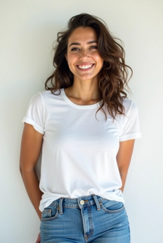 Brazilian woman with light skin and brown hair wearing a white cotton round neck baby look style t-shirt with her hands in her pockets smiling happily