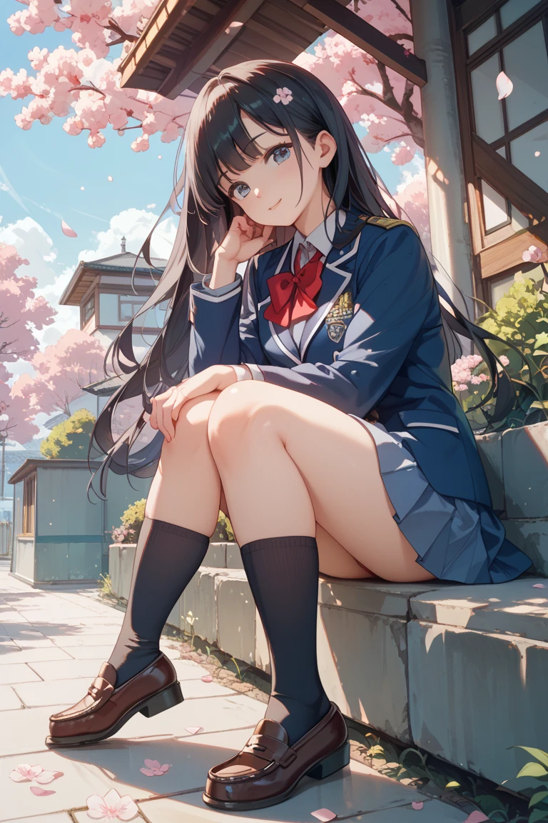 (masterpiece:1.2, top-quality), (realistic, photorealistic:1.4), beautiful illustration, (natural side lighting, movie lighting), nsfw,
looking at viewer, cowboy shot, front view:0.6, 1 girl, high school girl, perfect face, cute and symmetrical face, shiny skin,
(Long hair:1.5,, black hair), bangs pinned back, red eyes, long eye lasher, (large breasts:1.5, thick thighs),
beautiful hair, beautiful face, beautiful detailed eyes, beautiful clavicle, beautiful body, beautiful chest, beautiful thigh, beautiful legs, beautiful fingers,
((white collared shirts, navy jacket, grey pleated mini skirt, navy socks, brown loafer, red tie)),
(beautiful scenery), evening, riverside, standing, (half-closed eye,lovely smile, upper eyes),