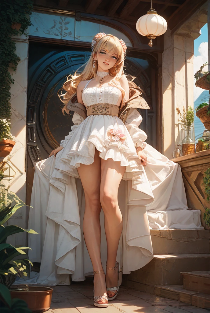 masterpiece, best quality, highres, kitagawa marin, 1girl, blonde hair, long hair, swept bangs, gradient hair, red eyes, jewelry, earrings, piercing, wedding dress, glossy lips, plight smile, garden, high heels, standing
