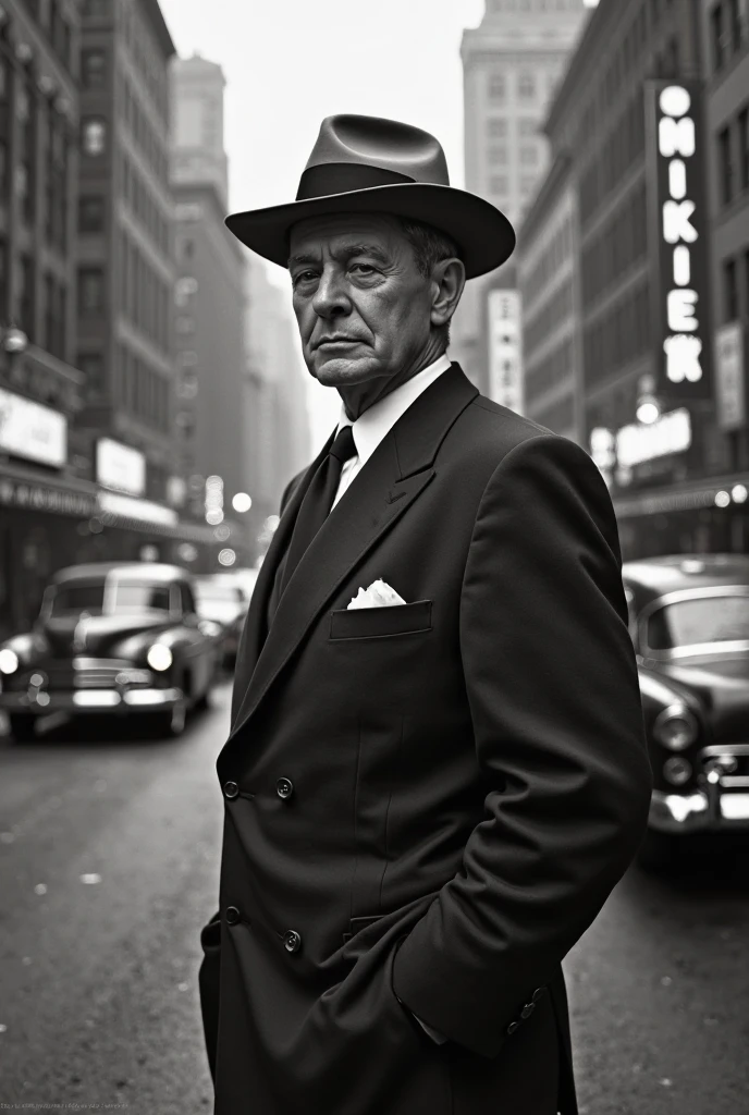 Young man in a black tailored suit, matching fedora, smoking cigarette, streets of Chicago, 1940s, in color