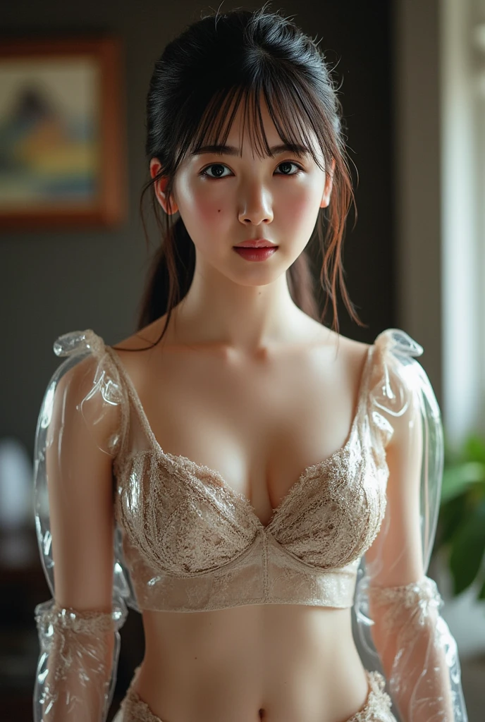 Fashion trendy beautiful and charming woman, gentle and charming Chinese beautiful woman, charming oval face, double eyelids, smart peach blossom eyes, pink lips, small nose, bare shoulders, focus on the face, close-up of the face, Ultra-high-definition, super-detailed, full-body photo, ultra-thin and light-transmitting, fresh and good, and can be seen through, leaky waist, cleavage, simple blurred background, professional lighting, radiosity, fair skin, black eyes, black hair, bob hair , blushing face