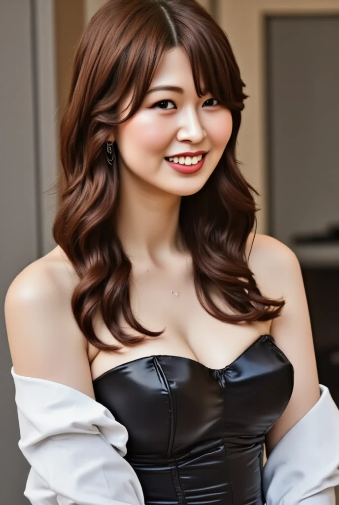 best quality, High resolution, Hires, skin definition, detailed skin, detailed eyes, detailed face, 4K, 日本人mature woman, ((solo)), (((50 years old))), (wrinkles at the corners of the eyes:1.6), (nasolabial folds:1.7), mature woman, sex appeal, sexy, fair skin, ((wavy long hair)), Looking at Viewer,(((my skin is old))), ((muscles are old)), (((very large breasts:1.28))), ((loose breasts)), (flaccid butt), ((japanese model)), 4K, (photoReality:1.5), Reality, ticker, Beautiful, Bimbo, Perfect makeup, eye make up:1.9, small diamond necklace, earrings, {((Brown trench coat)), (((white undershirt))), (Houndstooth plaid tight skirt), (black long boots )}, smile, Public place,full body photo,
