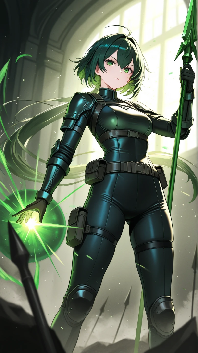 A drawing of a woman in a green suit is flying, perfect anime cyborg woman, varia suit, biomechanical oppai, fera green mecha, gynecological cyborg body, glossy green armor, anime cyborg, gynecological body, fighting game character, official character art, streamlined green armor, cyborg - silver girl