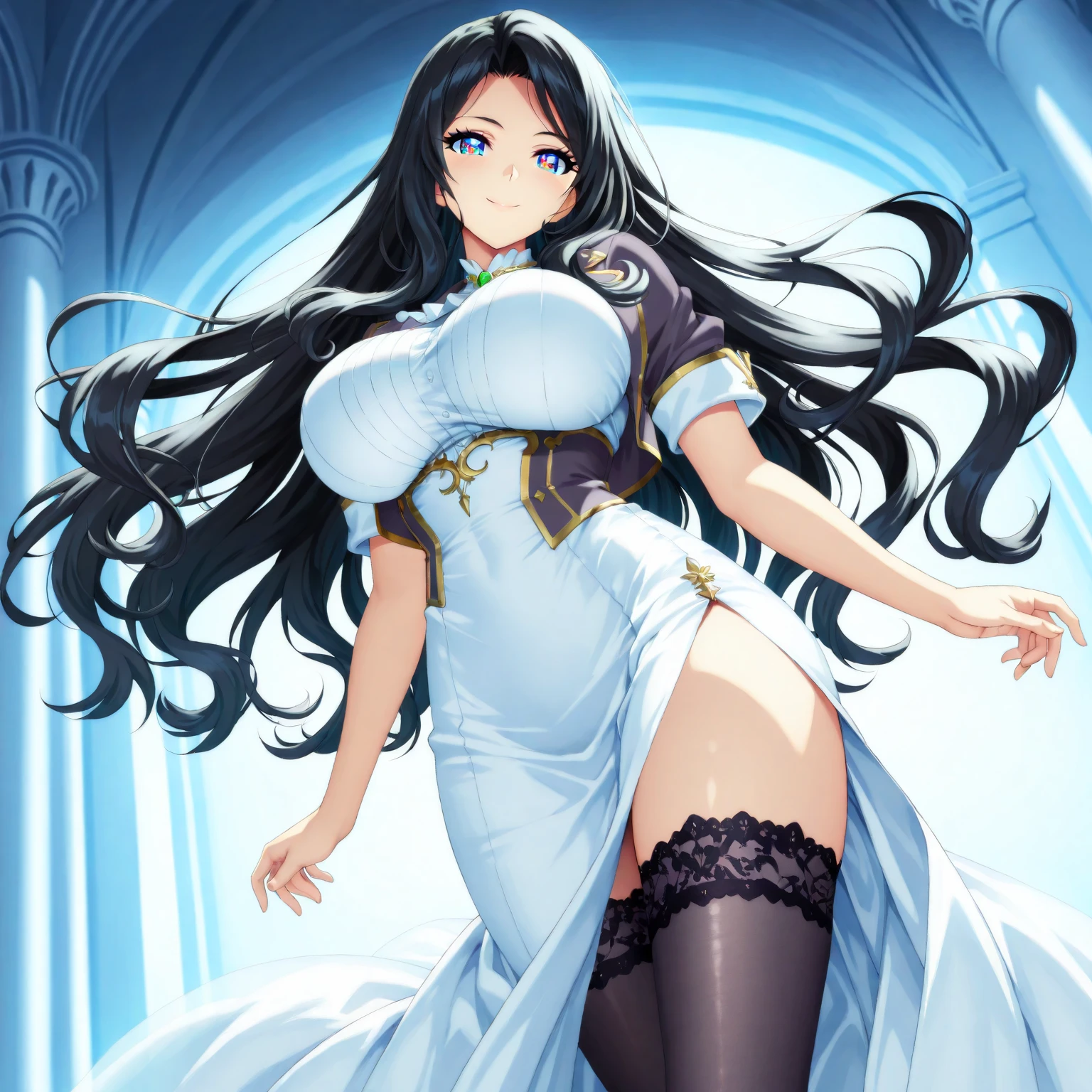 ((Best Quality)), ((masterpiece)), (detailed), 1 girl, with a blue evening dress, neckline, big breasts, wide hips,by rubio,violet eyes, long wavy fur,((Whole body)),((view from above))
