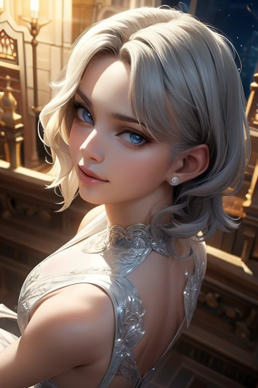 A beautiful woman with short white messy hair, grey eyes, wearing an ornate designer saree, extremely detailed hair, extremely detailed eyes, extremely detailed body, (best quality,4k,8k,highres,masterpiece:1.2),ultra-detailed,(realistic,photorealistic,photo-realistic:1.37),detailed bird feather earrings, saggy breasts, elegant, intricate, cinematic lighting