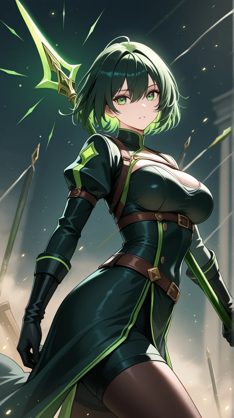 Green hair big chest big ass mouth with lipstick short clothes sitting on the floor with sword in hand