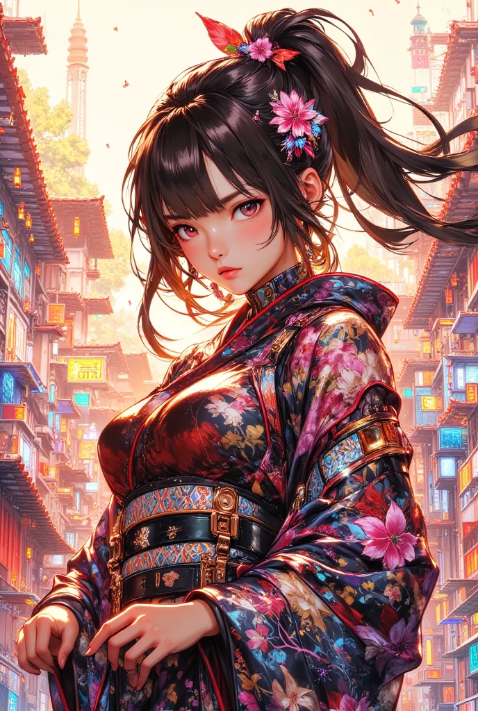 ((midynight, Need, 8k, tmasterpiece:1.3)), full bodyesbian, Long legs, Focalors:1.2, perfect figure beautiful woman:1.4, Slim abs:1.1, ((Dark brown hair, huge tit:1.2 )), (Pink Hanfu, standing on your feet:1.2), ((city night scene, the roof:1.3)), Highly detailed facial and skin texture, A detailed eye, 二重まぶた