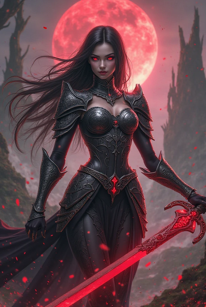 Female Raven Warrior, beautieful, full body figure, black hair, red glowing eyes, leather and feathers dressing, leather clothes, feathers, evil, dark fantasy