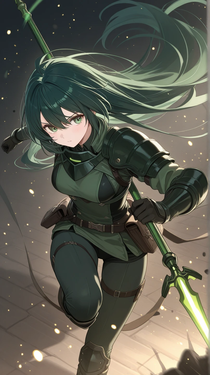 Visualize a female version of Izuku Midoriya from My Hero Academia transformed into a half-dog hybrid. Her short, messy green hair is styled to complement her unique, half-animal appearance, with some strands playfully tousled, as if influenced by her canine nature. Her expressive green eyes retain their characteristic determination and kindness, but with a hint of playful mischief.
She has the following hybrid features:
Dog Ears: Instead of her usual human ears, she now has large, pointed dog ears that sit atop her head. The ears are covered in soft fur that matches her hair color, with the insides a lighter, contrasting shade. The ears are perked up, reflecting her alert and energetic personality.
Tail: A fluffy, wagging tail extends from the base of her spine, covered in the same green fur as her ears. The tail is expressive, adding a dynamic element to her character, whether it’s gently wagging in excitement or lowered in concentration.
Claws and Paws: Her hands and feet have taken on a more canine form, with retractable claws and paw-like pads. However, they retain a humanoid structure, allowing her to move and interact as she normally would, but with added canine abilities like enhanced agility and strength.
Outfit: She wears a modified version of her hero costume that accommodates her new features. The outfit is practical yet stylish, designed to enhance her hybrid abilities while maintaining a heroic appearance. The fabric is durable and flexible, allowing her to move freely in both human and dog-like ways.
Accessories: To further emphasize her half-dog nature, she might wear a collar around her neck with a small, decorative tag shaped like a bone or her hero symbol. The collar is both functional and stylish, matching the color scheme of her outfit.
Additional Details:
Pose: Female Izuku’s pose is dynamic and energetic, perhaps mid-leap or in a crouched position, ready to spring into action. Her expression is determined and focused, but with a touch of