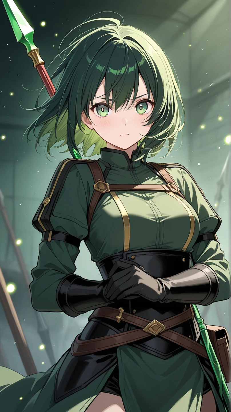 (holding green sword:1.2),on one knee,looking at viewer,Adult female facial features、eyelash, solo, mint green red single braid, Valkyria style, Battle Maiden,Beautiful Raging Battlefield Background, ((I am the main character)), Fascinating chest, angry,Top quality