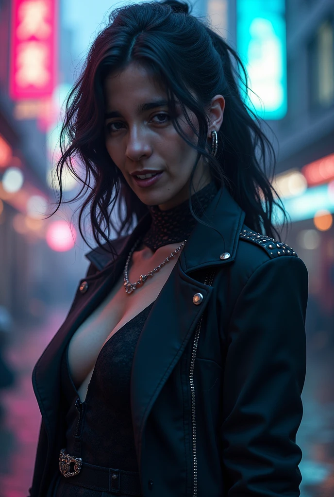 (1girl) belly, narrow waist, curved waist: 1.2)), ((thin and thin waist, slender and thin belly: 1.2)), modern hairstyle, hair with colored highlights, purple streaks in the hair, ((smug face) ), ((tattoo: 1,1)), masterpiece, best quality, realistic, ultra high resolution, depth of field, (two-color neon lighting: 1,2), (detailed face: 1,2), (detailed eyes: 1.2), (detailed background: 1.2), (city, action sequences, cinematic lighting, city storm: 1.2) (masterpiece: 1.2), (ultra detailed), (best quality ), complex and comprehensive cinematic, magical photography, (gradients), colorful and detailed landscape, visual key, glowing skin,