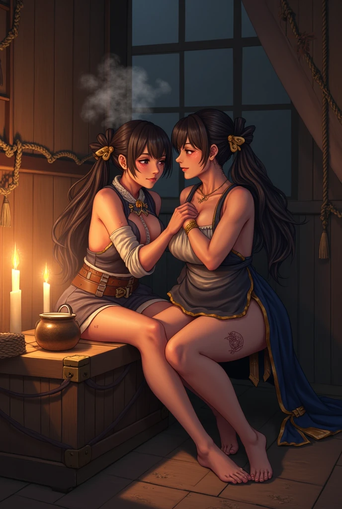 ((2girls:1.3)), ((moe style:1.3)), ((tavern:1.3)), ((cunnilingus:1.3)), full body, yuri, ((black hair:1.3)), megumin (konosuba), yunyun (konosuba), ((shy:1.3)), blush, ((perfect face)), ((extremely cute:1.3)), ((masterpiece:1.3)), ((8k)), ((best quality:1.3)), ((beautiful)), ((extremely detailed:1.3)) , ((absurdres)), AddXL, ((score_9:1.3)), ((score_8_up:1.3)), ((score_7_up:1.3)), Expressiveh