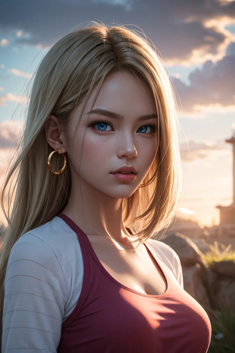 （Attack on Titan、Annie Leonhart）、（Tank tops）、Young、Cute、a beauty girl、Perfect Style、huge tit、Emphasizes cleavage、deadpan、realisitic、realistic、８ｋ、ighly detailed、top-quality、Top image quality、超A high resolution、​masterpiece、one girls、（Egyptian pyramids in the background）、
