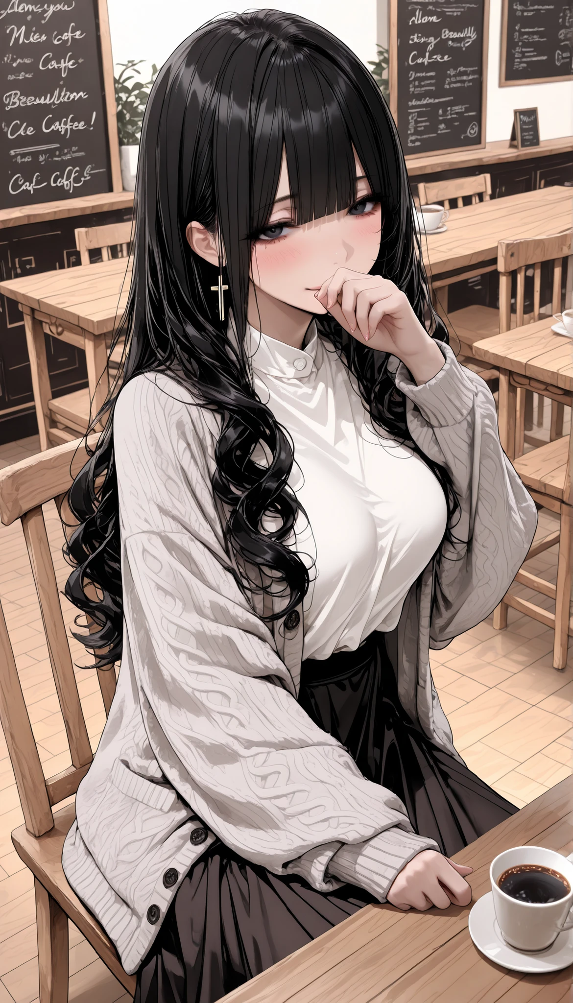 top quality, masterpiece, ultra-precise, ((top quality, masterpiece:1.3)), (sharp focus:1.2), (alone), (black eyes), (layered cut long hair, curls, black hair, straight bangs), (A beautiful mature woman with a perfect body is sitting at a table in a stylish cafe,  wooden desk , wooden chair, A cup of coffee), blush, medium breasts, cowboy shot, language,  When eyes are half closed , Her gaze is on the viewer, (gray cardigan, white shirt, black long skirt), light smile. (covering mouth)