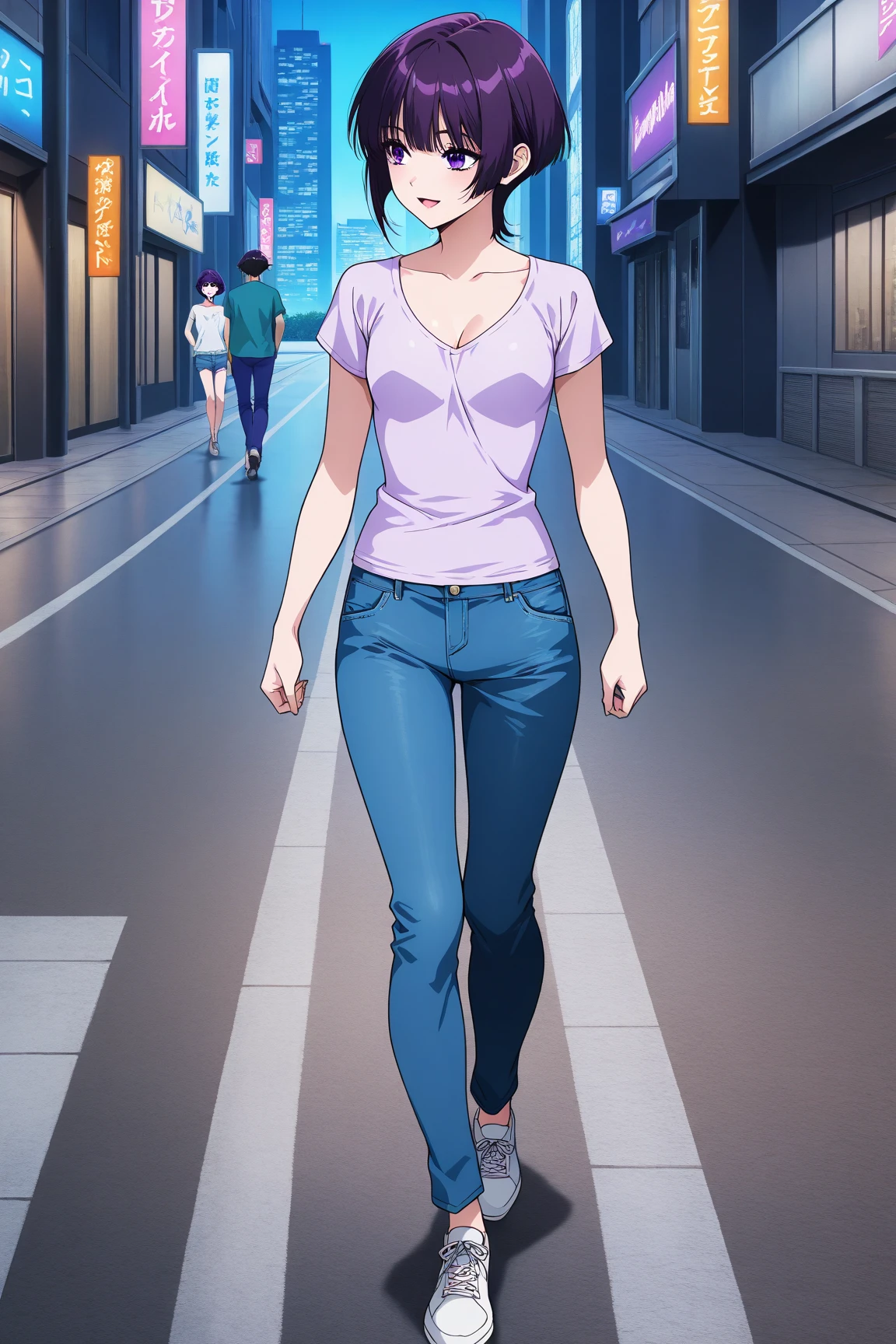 Anime screencap,digital art,solo focus,bustling night urban street ...