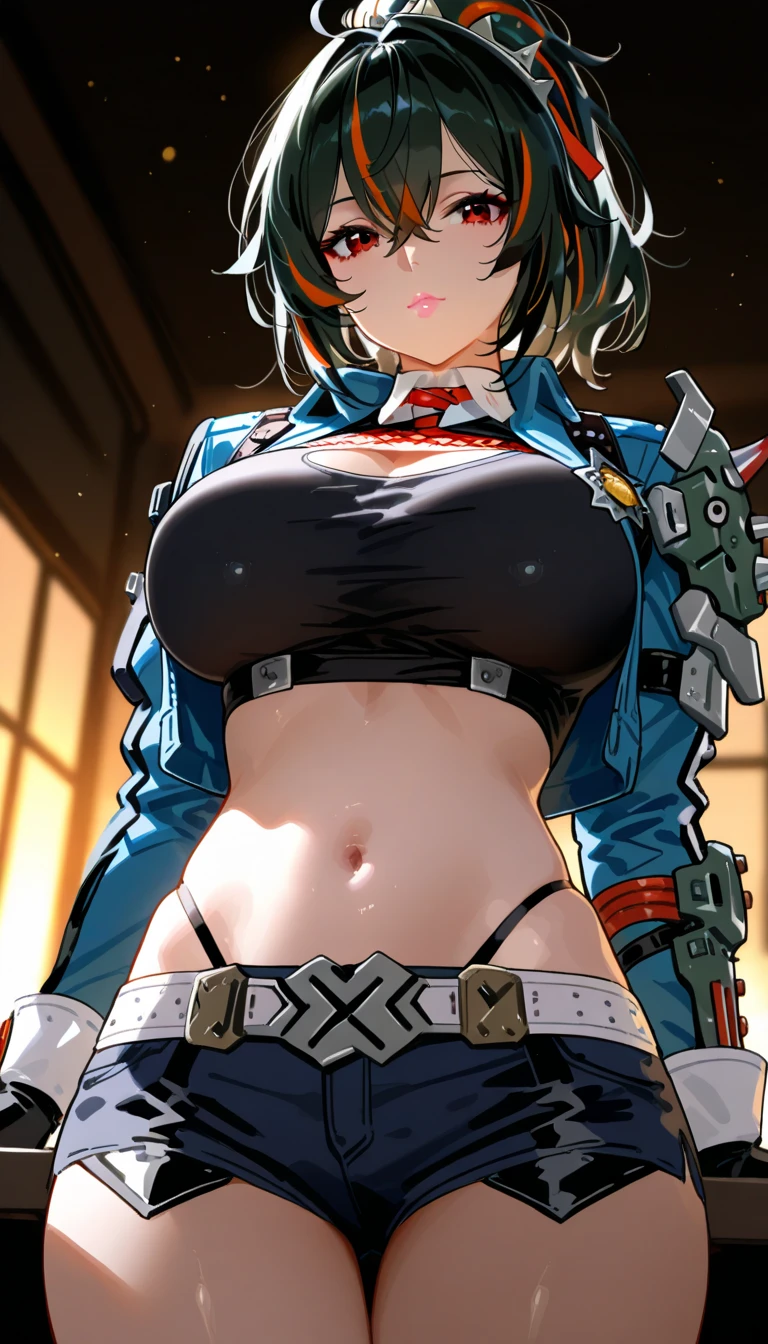 (score_9)、(score_8_up)、Rating:Blatant、、source_anime、(Round Breasts:1.5)、Nipples are hidden、(Pussy is peeking、Pussy:1)、(Large Breasts:1.8)、(Narrow waist、Thin Hips:1.2)、(No underwear:1.3)、BlueMary、short hair、blue eyes、pants、Crop top、turtleneck、belt、necklace、Fingerless gloves、Sideboob、Torn clothes、Grin、Big Mouth、