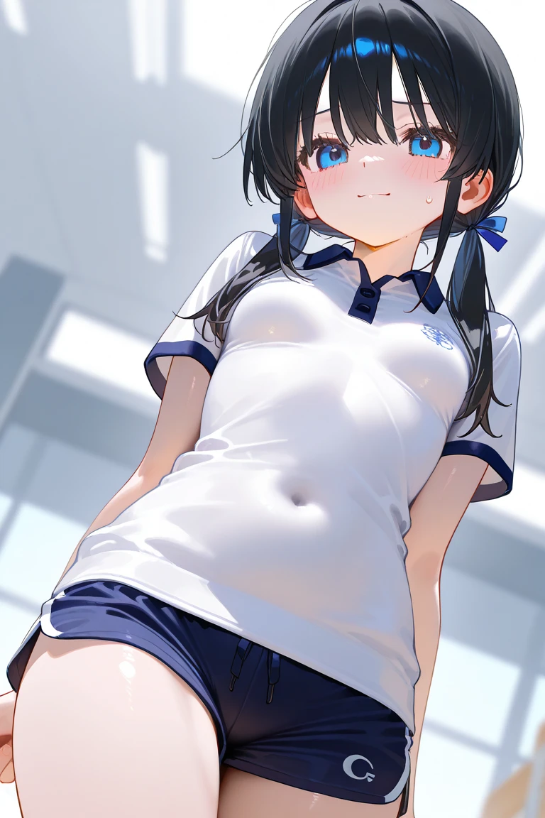 ((top-quality))、((masterpiece))、1girl in、Formal-up、beautiful detailed eyes and face、pretty skin、a very cute、22year old、School swim wear(darkblue、Simple design、Matte texture、Wrinkle、Polyester material、Nero、shadings、)Wet body、Anime Face、Beautie、Facing the front、big eye(Beautiful fece、Anime Face、Clear eyes、Fine details、Beautiful eyes)Well-formed face(Beautiful nasal muscles、Perplexed、sharp mouth)full of sweat、sodden、Wet feeling、Background with(sunny sky、takeout)、8K picture quality、perfectly proportions、A slender、red blush、female focus on, hair adornments,length hair, Look at viewers,