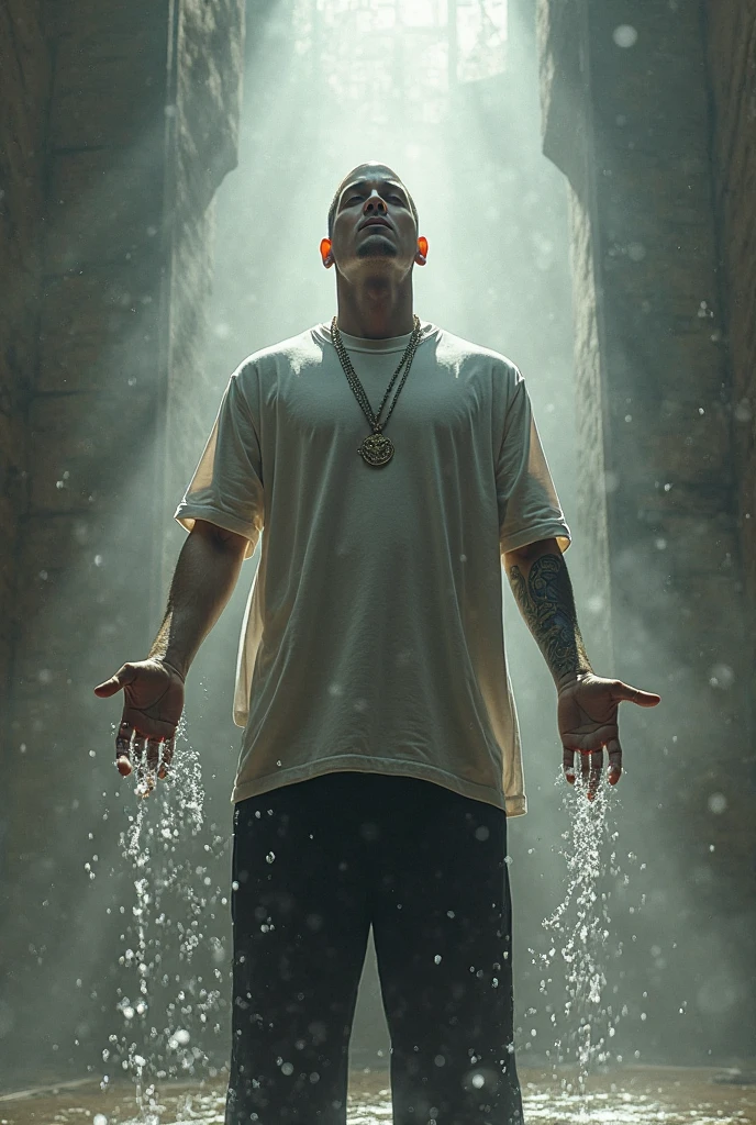 illustration of a bald African man practicing Candomblé, with coconut water falling on his head, Floating Crown
